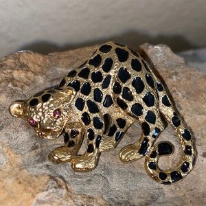 Vintage 90s Gold Tone & Enamel Leopard Rhinestone Eyes Broach Pendant